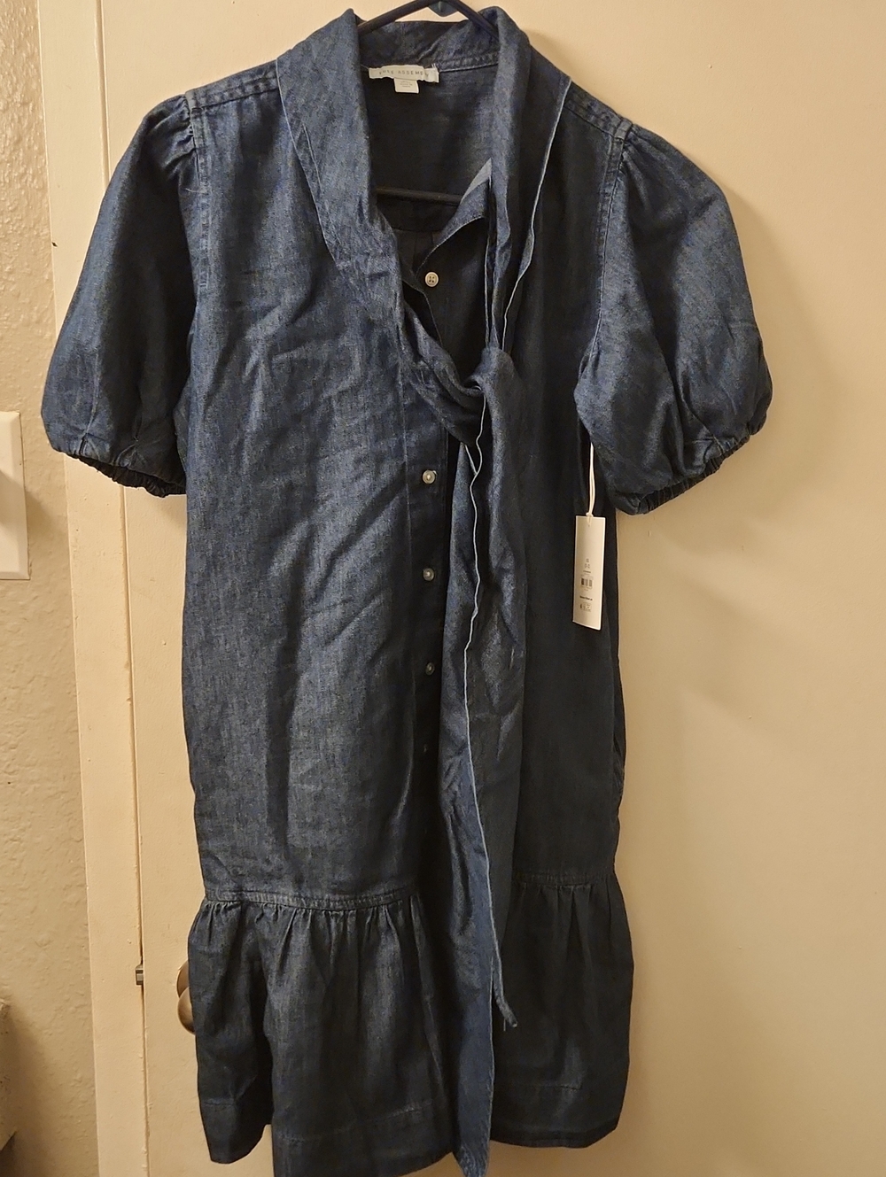 Free Assembly Navy Blue Denim Dress with Tie Neck XS